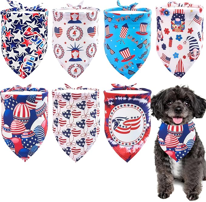 4th of July Dog Bandanas for Small Dogs Cats 7 Pcs Stitching Edge Patriotic Dog Bandanas Independence Day Flag Day Adjustable Puppy Scarves Grooming S
