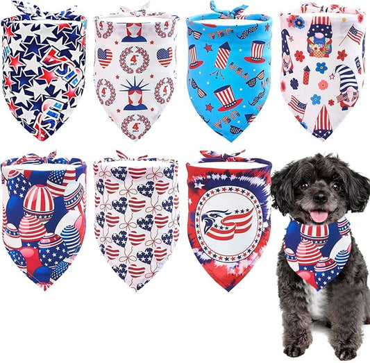4th of July Dog Bandanas for Small Dogs Cats 7 Pcs Stitching Edge Patriotic Dog Bandanas Independence Day Flag Day Adjustable Puppy Scarves Grooming S