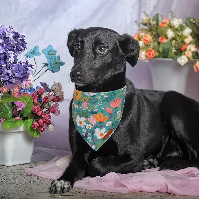 ADOGGYGO Floral Dog Bandana, Orange Green Flower Pet Scarf, Adjustable Fit Floral Bandanas for Medium Large Dogs Pets (Large)