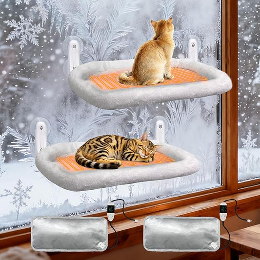 L&W BROS. 2PC Heated Cat Window Perch Adjustable Thermostat & Timer, Dual Window Hammocks with 8 Strong Suction Cups, Easy-to-Clean Warm Beds for Multi Cats Homes, Holds Up to 50lbs Each (M 2PC)
