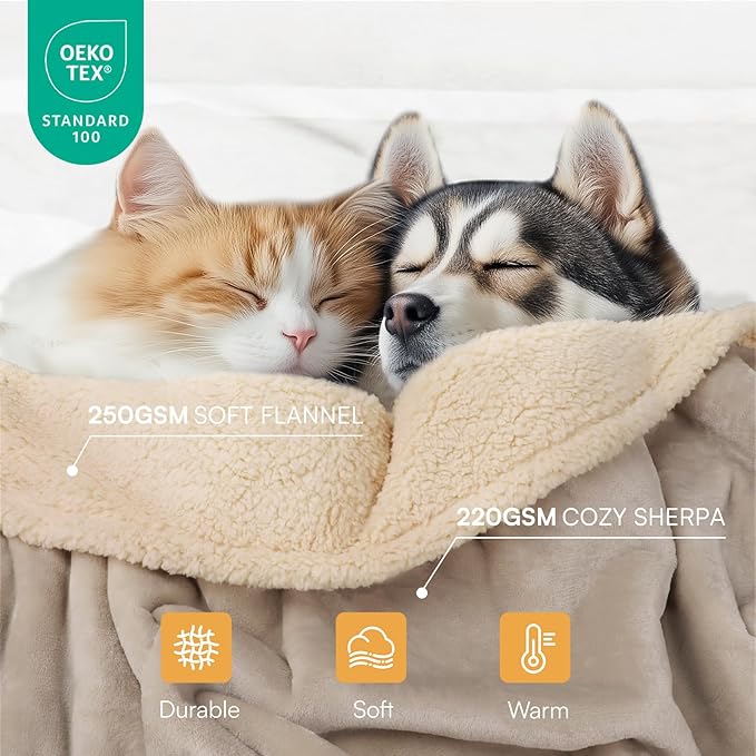 Waterproof Pet Blanket, Liquid Pee Proof Dog Blanket for Sofa Bed Couch, Reversible Sherpa Fleece Furniture Protector Cover for Small Medium Large Dogs Cats, Grey Beige Medium（57" x 40"）