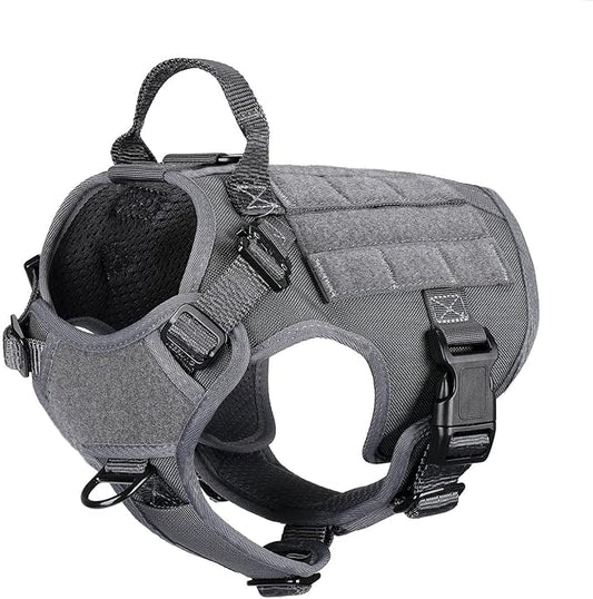 ICEFANG Tactical Dog Harness, Small Size,2X Metal Buckle,Working Dog MOLLE Vest with Handle,No Pulling Front Leash Clip,Hook and Loop Panel (Grey,S (Pack of 1))