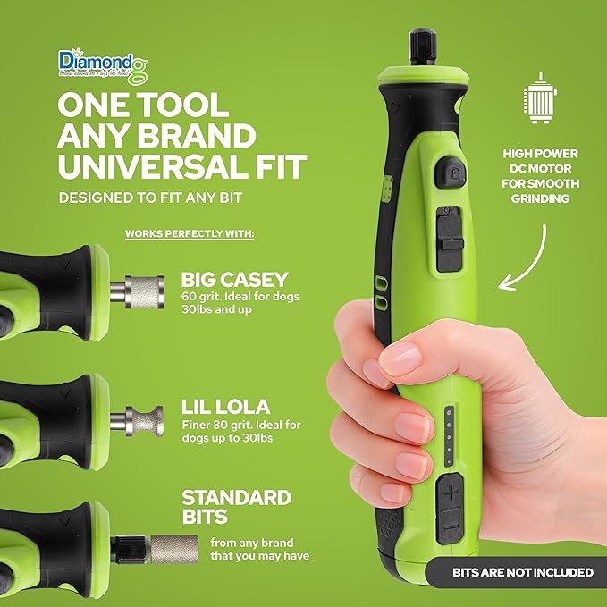 Diamondg Cordless Dog Nail Grinder with Quiet Sound & LED Tip for Large & Small Dogs, 4hrs. Runtime - Electric Dog Nail Trimmer, Heavy Duty Rotary Tool Alternative to Toenail Clippers & Filers