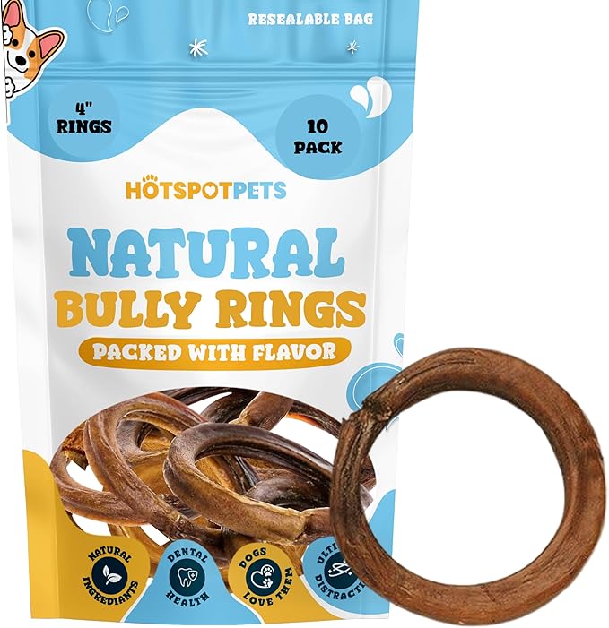 hotspot pets Bully Stick Rings for Dogs (10 Pack) 4 Inch Circles- Premium All Natural Long Lasting Twisted Beef Pizzle Dog Chew Treats - Grain Free, Fully Digestible, Rawhide Alternative Thick Chews