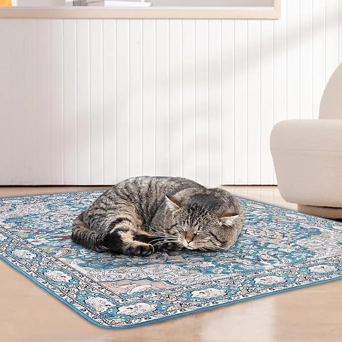 Cat Litter Mat, Reusable Kitty Litter Trapping Mat 2 PCs, 36"x36" Washable Litter Mats for Cats, Waterproof & Non-Slip Compatible with Cat Box (Lake Blue Medallion, 36"x36"(2 PCS))