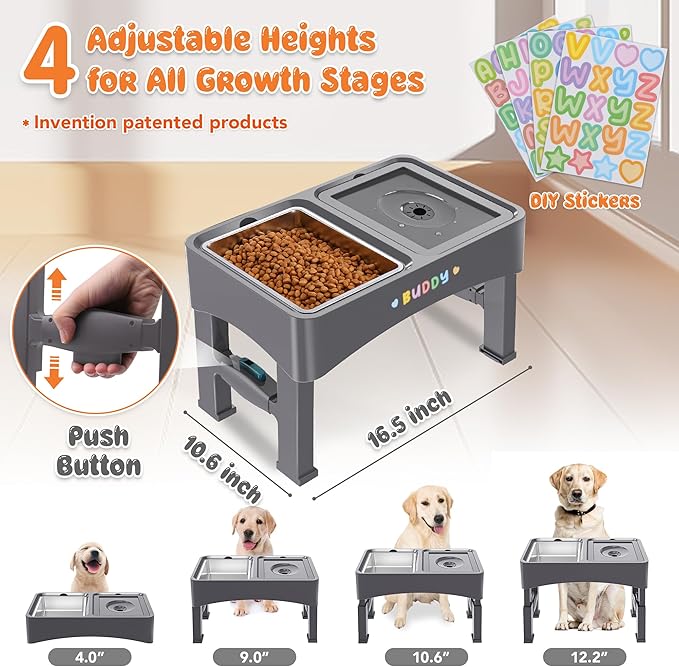 Decflow 3-in-1 Elevated Dog Bowls, 4 Height Adjustable Raised Dog Bowls with Stainless Steel Dog Food Bowls, Slow Feeder, No Spill Water Bowl, DIY Stickers Foldable Pet Bowl for Medium Large Dogs