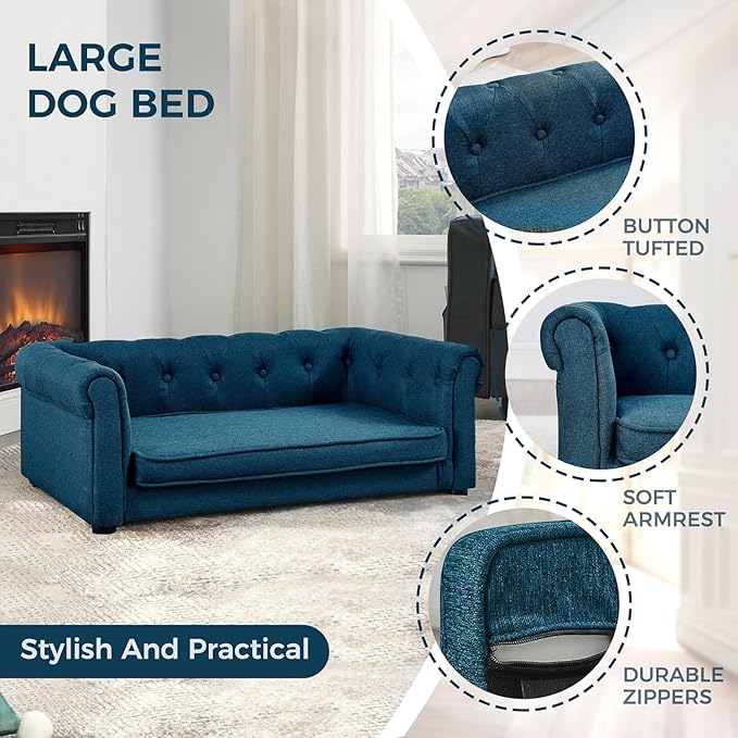 Dog Sofa Couch for Medium Dogs, 31" Memory Foam Dog Couch with Washable Fabric, Removable Cushion, Sofa Bed for Medium Dogs, Blue