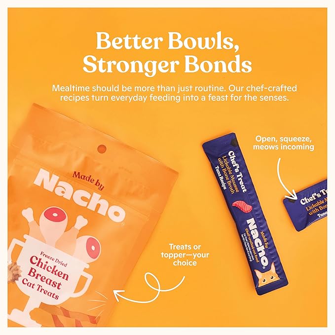 Made by Nacho Wet Cat Food Variety 12 Pack (3oz Each), Cage-Free Chicken, Sustainably Caught Salmon, Grass-Fed Beef with Bone Broth for Extra Hydration, Gravy Cut Pouches