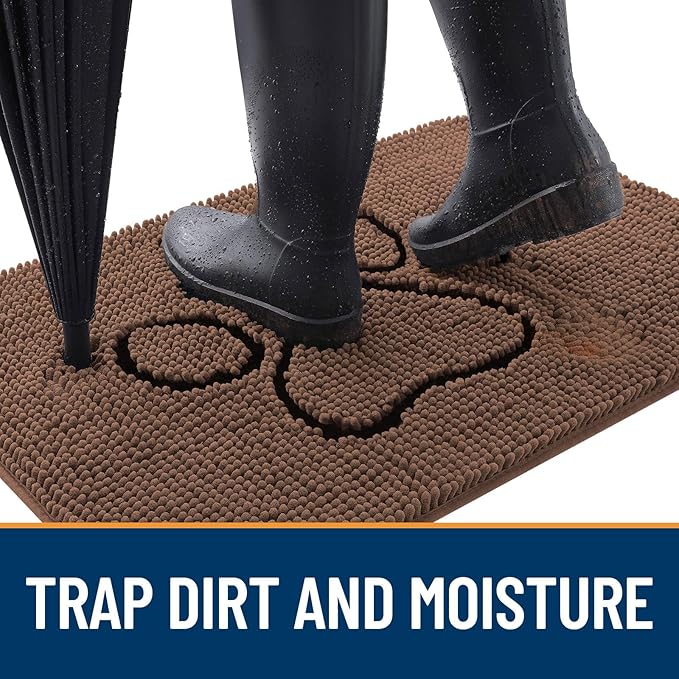 OLANLY Dog Door Mat for Muddy Paws 36x24, Paw Print Design, Absorbs Moisture and Dirt, Absorbent Non-Slip Washable Doormat, Quick Dry Chenille Mud Mat for Dogs, Entry Indoor Entryway Carpet, Mocha