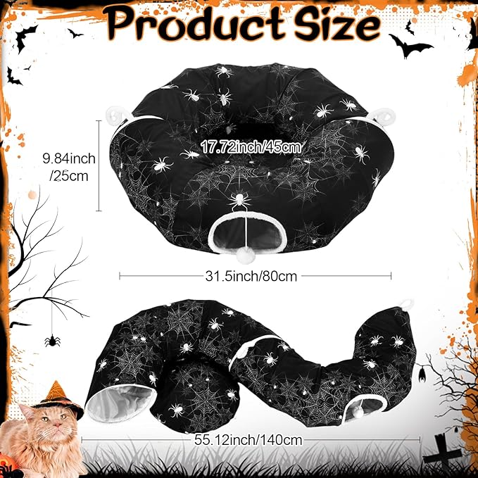 Aliceset Halloween Cat Tunnel Bed for Indoor Cats 3ft x 3ft x 10in Foldable Cat Donut Tunnel with Washable Cushion Halloween Spider Pet Peekaboo Cave Toy for Small Kitten Kitty