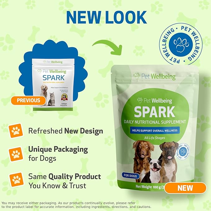 Pet Wellbeing Spark Daily Nutritional Greens Superfood for Dogs & Cats - Probiotics, Prebiotics, Digestive Enzymes, Amino Acids, Antioxidants, Vitamin D, Spirulina - Vet-Formulated 3.53 oz (100 g)