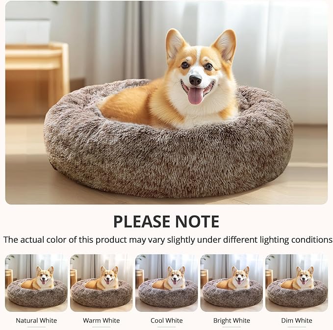 JOLLYVOGUE Large Calming Dog Bed, Anti-Anxiety Donut Cuddler Cat Bed with Anti-Slip Bottom, Fluffy Faux Fur Machine Washable Pet Cushion for Medium Large Dog & Cat, 36"/Smoke Brown