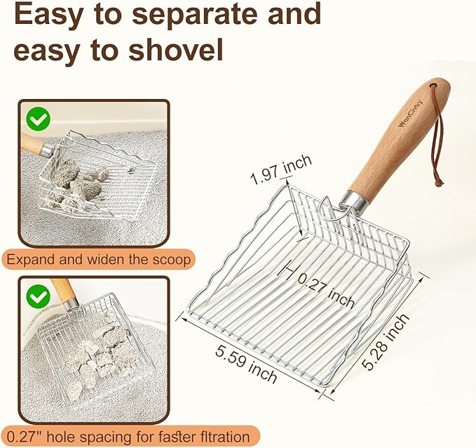 Premium Cat Litter Scoop with Ergonomic Beech Wood Handle - Stainless Steel Sifter with Hook & Hole for Easy Cleaning, Durable & Odor-Free (Steel Wire Long)