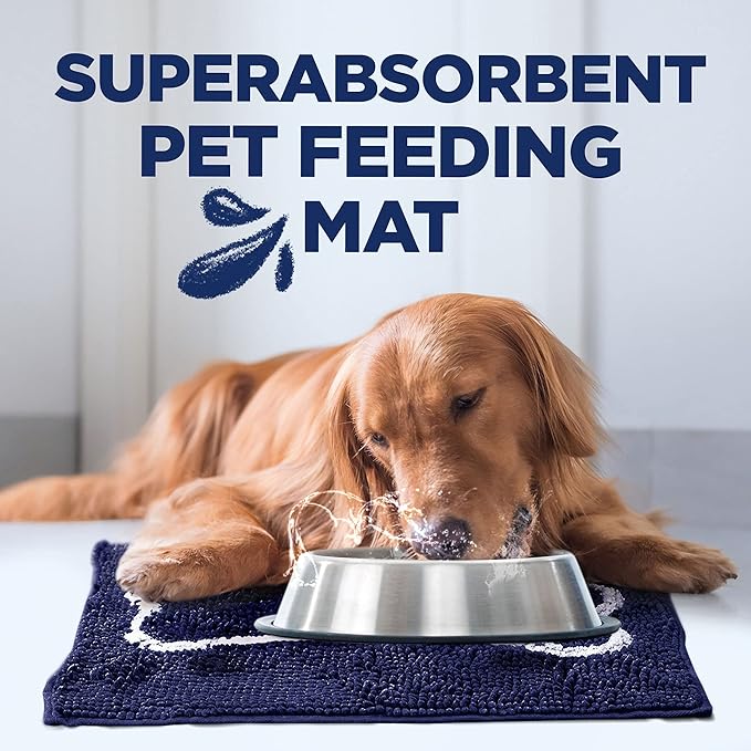 Soggy Doggy Slopmat - Water Absorbing Door Mat for Food and Water - Microfiber Chenille Rug for Muddy Paws and Messy Eaters - Machine Washable (Navy Blue/Oatmeal Bone, 18” x 24″)