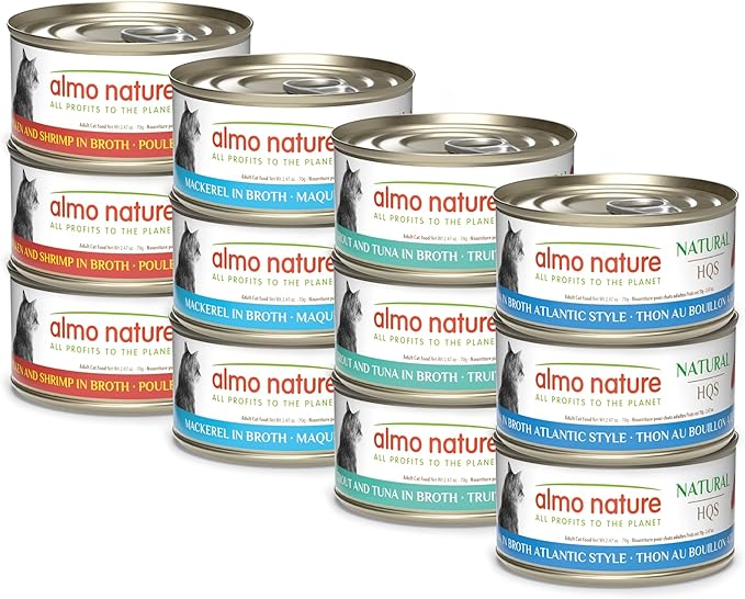 Almo Nature: HQS Natural Cat Pack 2 - (12) 2.47oz Can, Adult Cat Wet Canned Food - 3 Each: Atlantic Tuna, Mackerel, Trout & Tuna, Chicken & Shrimp