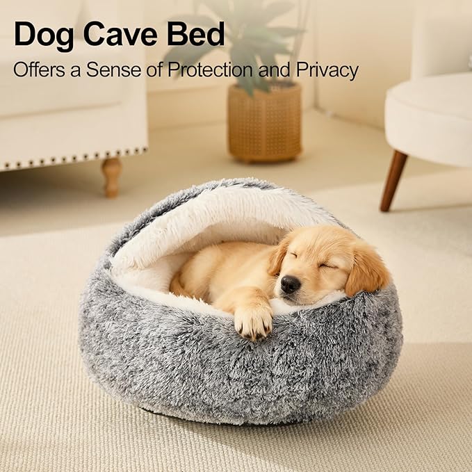 Calming Dog Beds & Cat Cave Bed with Hooded Cover,Removable Washable Round Beds for Small Medium Pets,Anti-Slip Faux Fur Fluffy Coved Bed for Improved Sleep,Fits up to 15/25 lbs(Grey,M)