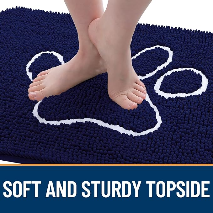 OLANLY Dog Door Mat for Muddy Paws 30x20, Paw Print Design, Absorbs Moisture and Dirt, Absorbent Non-Slip Washable Doormat, Quick Dry Chenille Mud Mat for Dogs, Entry Indoor Entryway Carpet, Navy Blue