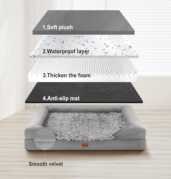 Gimars 3.7in Thickened Orthopedic Dog Bed for Large Dogs, Supportive L Dog Sofa Bed with Bolster & 28D Egg-Crate Mattress, Waterproof Lining, Washable Plush Cover for Arthritic Dogs