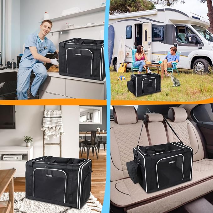 Petskd Extra Large Cat Carrier with Litter Box 24"x17"x17" for Medium Large Cat or 2 Small Cats, Collapsible Soft Sided Pet Carrier for Car Travel with Lockable Safety Zippers(Black)