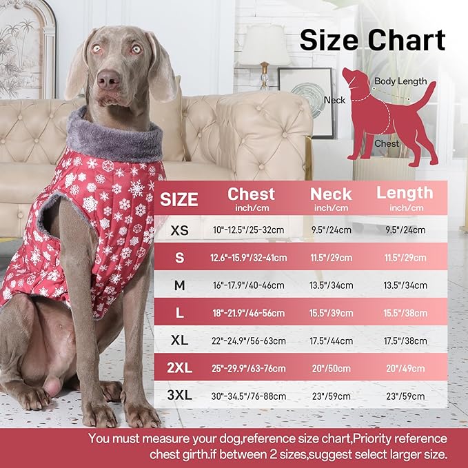 Warm Fleece Dog Coats with Durable Harness Buitl in D-Ring,Waterproof Doggie Jacket for Large Dogs,Dog Vest for Cold Winter,Red,Snow Pattern XXXL