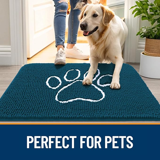 OLANLY Dog Door Mat for Muddy Paws 48x30, Paw Print Design, Absorbs Moisture and Dirt, Absorbent Non-Slip Washable Doormat, Quick Dry Chenille Mud Mat, Entry Indoor Entryway Carpet, Atlantic Blue