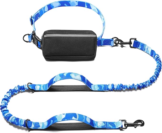 iYoShop Hands Free Dog Leash with Zipper Pouch, Dual Padded Handles and Durable Bungee for Walking, Jogging and Running Your Dog (camo Blue, Large)