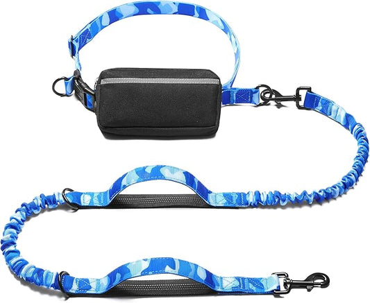 iYoShop Hands Free Dog Leash with Zipper Pouch, Dual Padded Handles and Durable Bungee for Walking, Jogging and Running Your Dog (camo Blue, Large)
