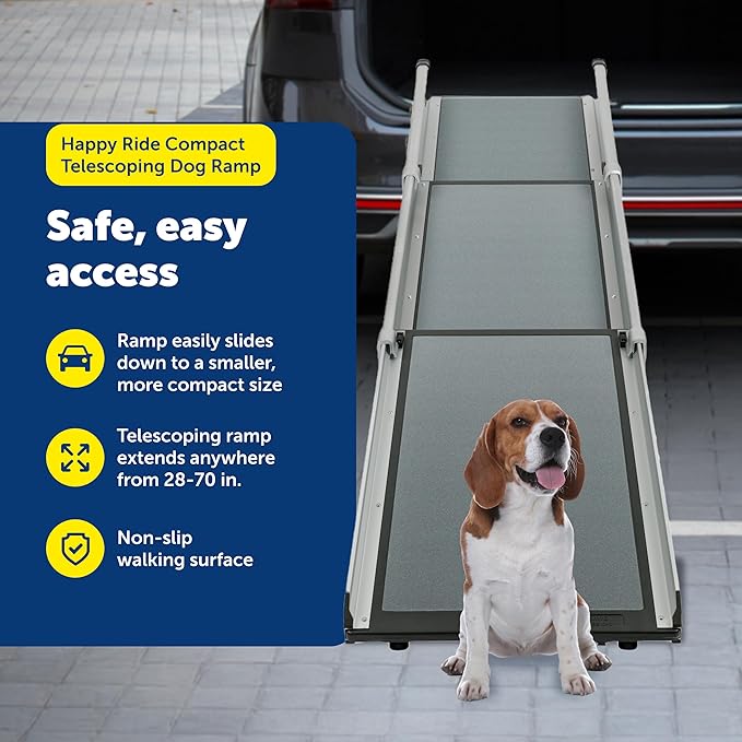 PetSafe Happy Ride Compact Telescoping Dog Ramp - Portable Pet Ramp for Cars, Trucks & SUVs with Adjustable Sizing - Non-Slip Design - Lightweight Pet Mobility Assistance - Compact