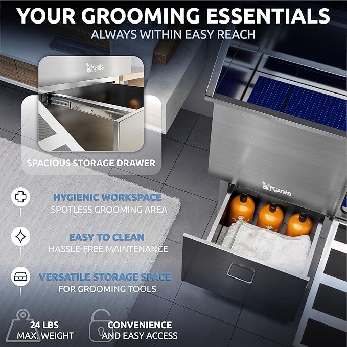 KANIS Professional Dog Washing Station - 304 Stainless Steel Pet Wash Sink & Grooming Bathtub w/Shower, Floor Grates and Storage for Large, Medium & Small Pets (50", 1 Drawer - Right Ramp)