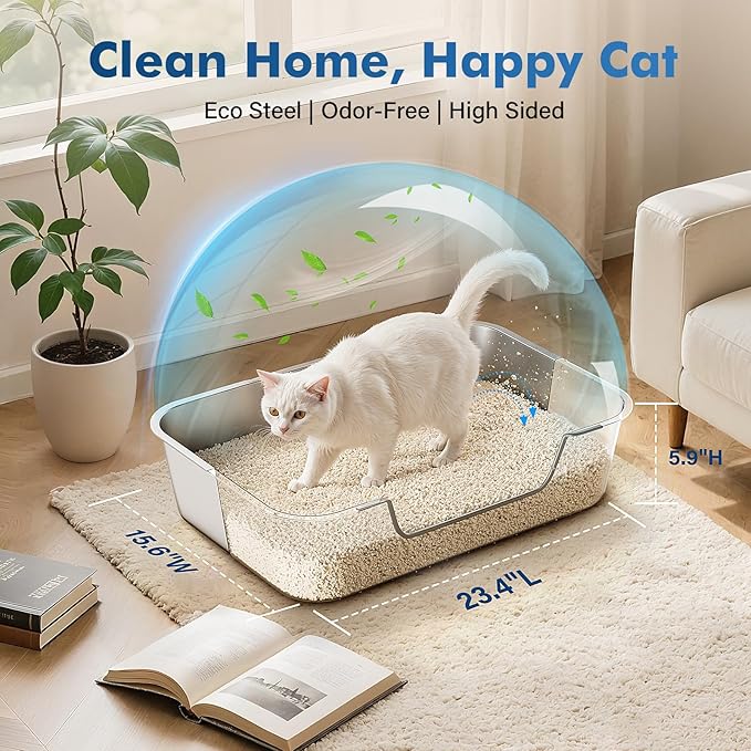 Stainless Steel Cat Litter Box with Low Entry, Metal Kitty Litter Box for Senior or Injured Cats, Odor-Free, Non-Stick, Easy to Clean, 19.5"x13.6"x5.9", Litter Pan for Big and Small Cats