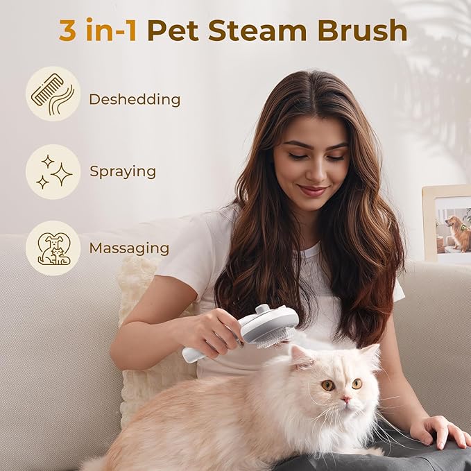 Pecute Steam Cat Brush, Self-Cleaning Cat Steam Brush with 2 Water Spray Modes, Large Capacity Tank, Dog Brush for Shedding Massaging Grooming, Cool Mist Only