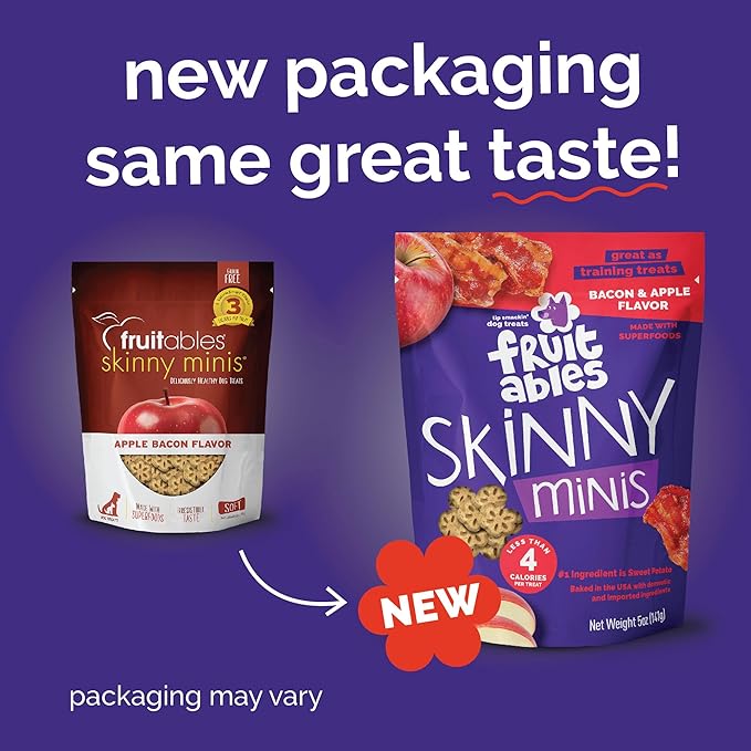 Fruitables Skinny Mini Dog Treats, Healthy Sweet Potato Treat for Dogs, Low Calorie & Delicious, Puppy Training, No Wheat, Corn or Soy, Made in the USA, Bacon and Apple Flavor, 12oz