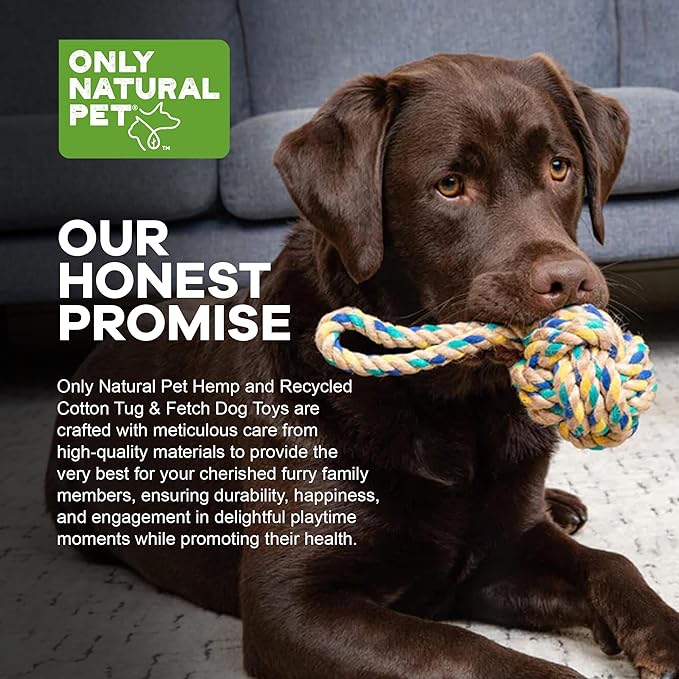 Only Natural Pet Hemp and Recycled Cotton Tug & Fetch Dog Toys - Interactive Tug & Chew Dog Rope Toy with Loop Handle and Knot - Eco-Friendly, Engaging & Durable Hemp Braid | Loop & Knot Toy, 3" x 9"