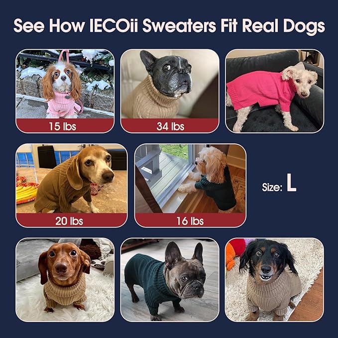 IECOii Dog Sweaters for Medium Dogs Girl Boy,Holiday Knit Doggy Sweatshirt with Sleeve,Turtleneck Thick Warm Dog Sweaters for Winter,Pullover Knitwear for French Bulldog,Boston Terrier (Rose red, L)