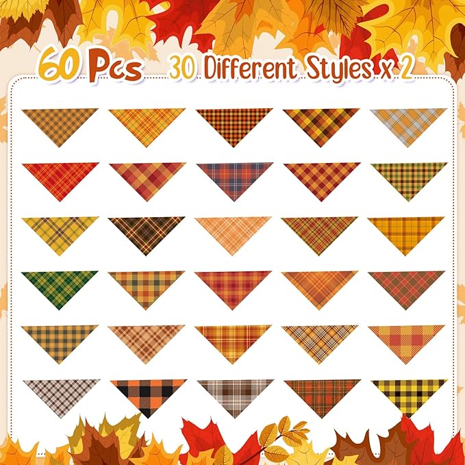 Sweetude 60 Pcs Fall Dog Bandanas Bulk Plaid Bandanas for Dogs Autumn Thanksgiving Pet Scarf Bibs Adjustable Triangle Scarves Costume Accessories Grooming Supplies for Small Medium Large