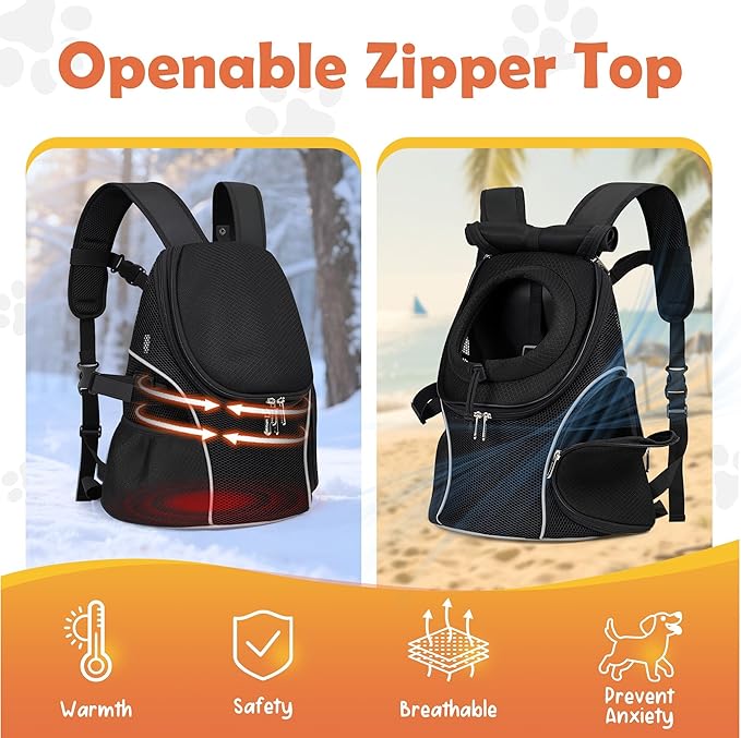 WOYYHO Pet Dog Carrier Backpack with Top and Side Windows, Small Dog Front Backpack Ventilated Mesh Dog Back Pack with Safety Belt for Travel Hiking Outdoor Adventures (Size S: 2-4.5 lbs, Black 2.0)