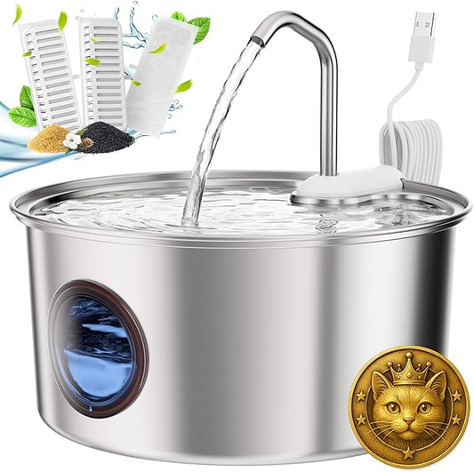Cat Water Fountain Stainless Steel - 108oz/3.2L Automatic Cat Water Fountain for Drinking with 3 Pcs Filters, Metal Pet Water Fountain Water Dispenser for Cats, Puppy Dogs, Multiple Pets