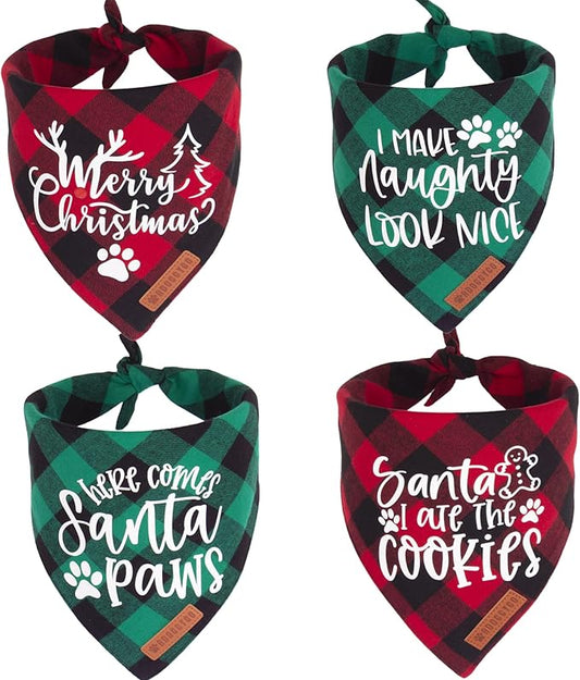ADOGGYGO Christmas Dog Bandanas 4 Pack, Classic Plaid Triangle Pet Scarf Bibs Kerchief, Multiple Sizes Offered, Red Green Christmas Holiday Bandanas for X-Large Dogs Pets (X-Large)