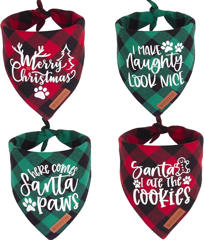 ADOGGYGO Christmas Dog Bandanas 4 Pack, Classic Plaid Triangle Pet Scarf Bibs Kerchief, Multiple Sizes Offered, Red Green Christmas Holiday Bandanas for Medium Large Dogs Pets (Large)