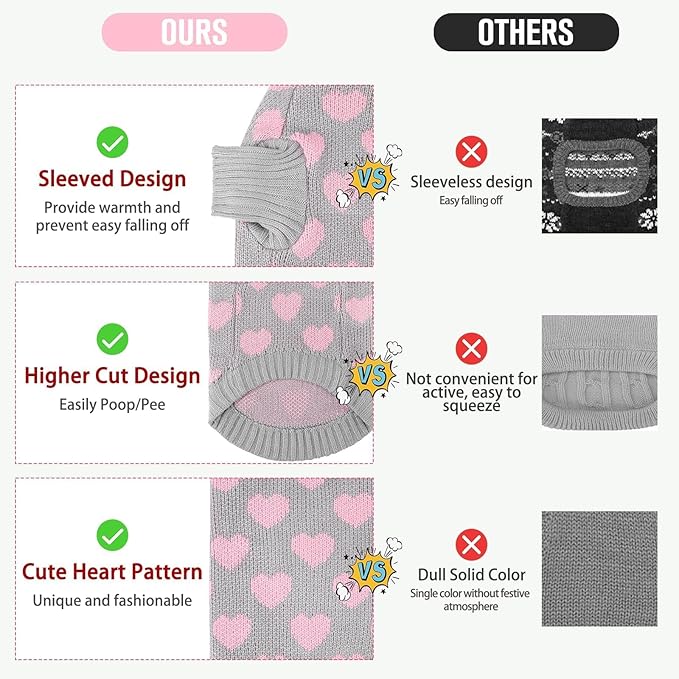 KOOLTAIL Cat Sweater Turtleneck- Soft Knit Cat Sweaters for Cats Only, Heart Love Pattern Thick Warm Cold Weather Clothes, Valentine's Day Pet Outfit for Small Medium Large Size Kitten Puppy Grey M