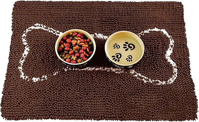 Soggy Doggy Slopmat - Water Absorbing Door Mat for Food and Water - Microfiber Chenille Rug for Muddy Paws and Messy Eaters - Machine Washable (Dark Chocolate/Oatmeal Bone, 18” x 24″)