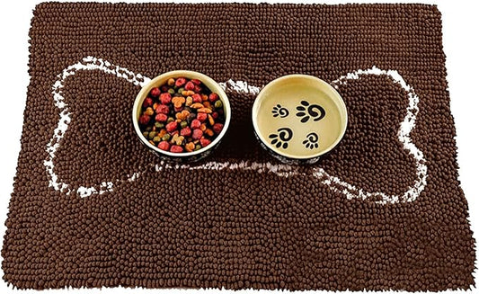 Soggy Doggy Slopmat - Water Absorbing Door Mat for Food and Water - Microfiber Chenille Rug for Muddy Paws and Messy Eaters - Machine Washable (Dark Chocolate/Oatmeal Bone, 18” x 24″)