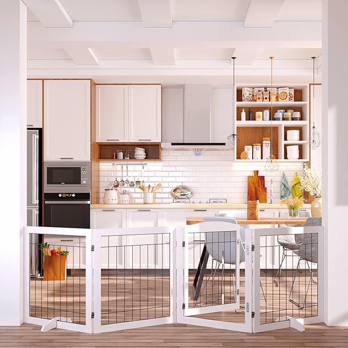 Vantas Folding Pet Gate 96" Wide, 30" Tall No-Assembly Wooden Dog Gate with Door Walk Through, Freestanding Wire Pet Gate, Pet Puppy Safety Fence, with 2PCS Support - White