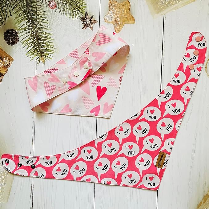 Dog Bandanas with Snap Button - 2 Pack Reversible Heart Dog Scarf for Boy & Girl, Premium Durable Fabric, Pet Bandana for Medium and Large Dogs (Large)