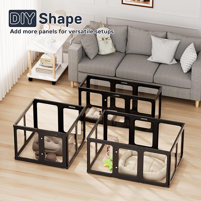 Jalove Acrylic Dog Playpen Indoor, 8 PCS Plastic Puppy Playpen with Door, Clear PlayPen for Dog Cat Rabbit Ferret, Easy Assemble Pen, Preferable Small Cage, Black, 33.5" L x 33.5" W x 24" H