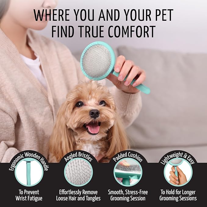 Tauro Pro Line Wooden Deshedding Dog Brush for Long Goldendoodle, Labradoodle & Poodle Hair - Mint Slicker Brush for Dog & Cat Grooming - Round Flexible Cushion & Non-Slip Grip