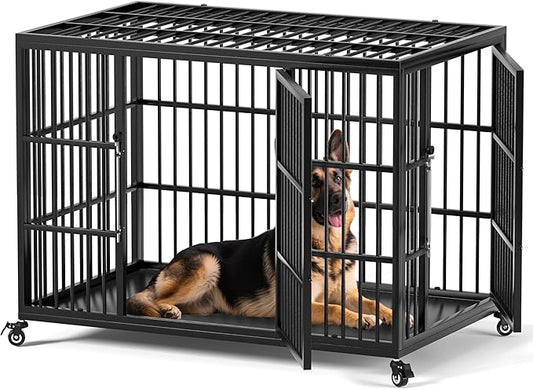 VERIFURTY 48 Inch Heavy Duty Dog Crate for Large Dogs with Self-Locking Latch, Escape-Proof Steel Kennel Indoor, XL Large Double Door Metal Pet Cage with Wheels