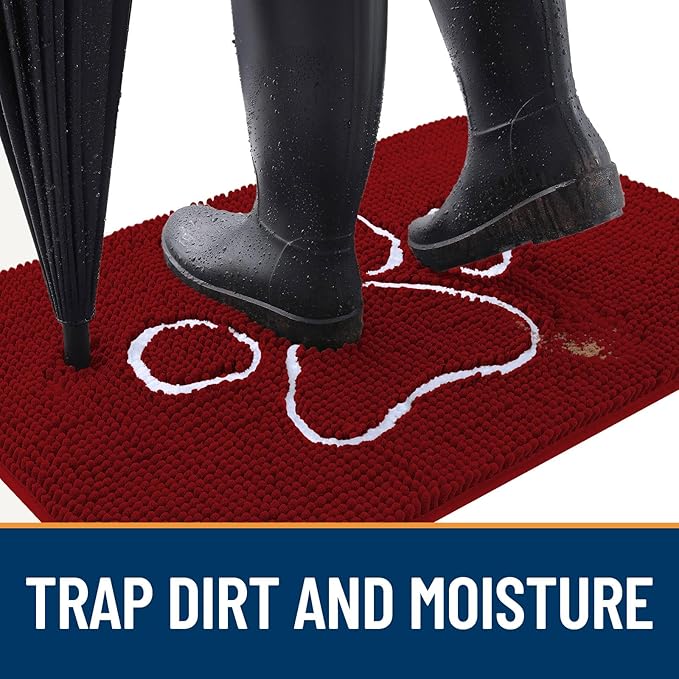 OLANLY Dog Door Mat for Muddy Paws 36x24, Paw Print Design, Absorbs Moisture and Dirt, Absorbent Non-Slip Washable Doormat, Quick Dry Chenille Mud Mat for Dogs, Entry Indoor Entryway Carpet, Red