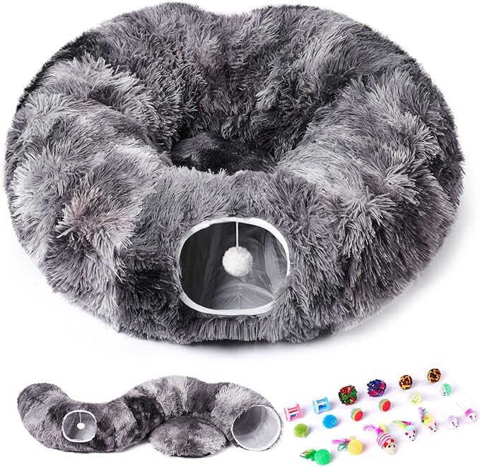 Odoland Cat Tunnel Bed with 20 Cat Toys - Indoor Plush Kitten Couch,Detachable Cats Cave Donut Tunnel & Soft Kitten Toy Set-Cozy Cat Furniture Black