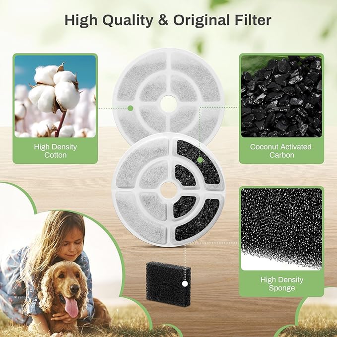 6 Pack Replacement Filters for 2.5Gal/9.5L Dog Water Fountain, GISOFIK 18CM Larger Cat Water Fountain Filters, Coconut Activated Dog Fountain Filters, Pet Fountain Filter Replacement(6 Pump Filters)